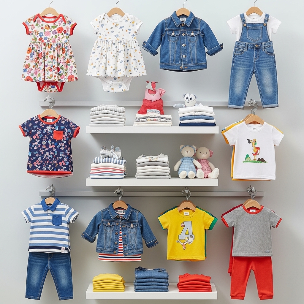Colorful children's clothing collection featuring various outfits for newborns, toddlers, and school-age children