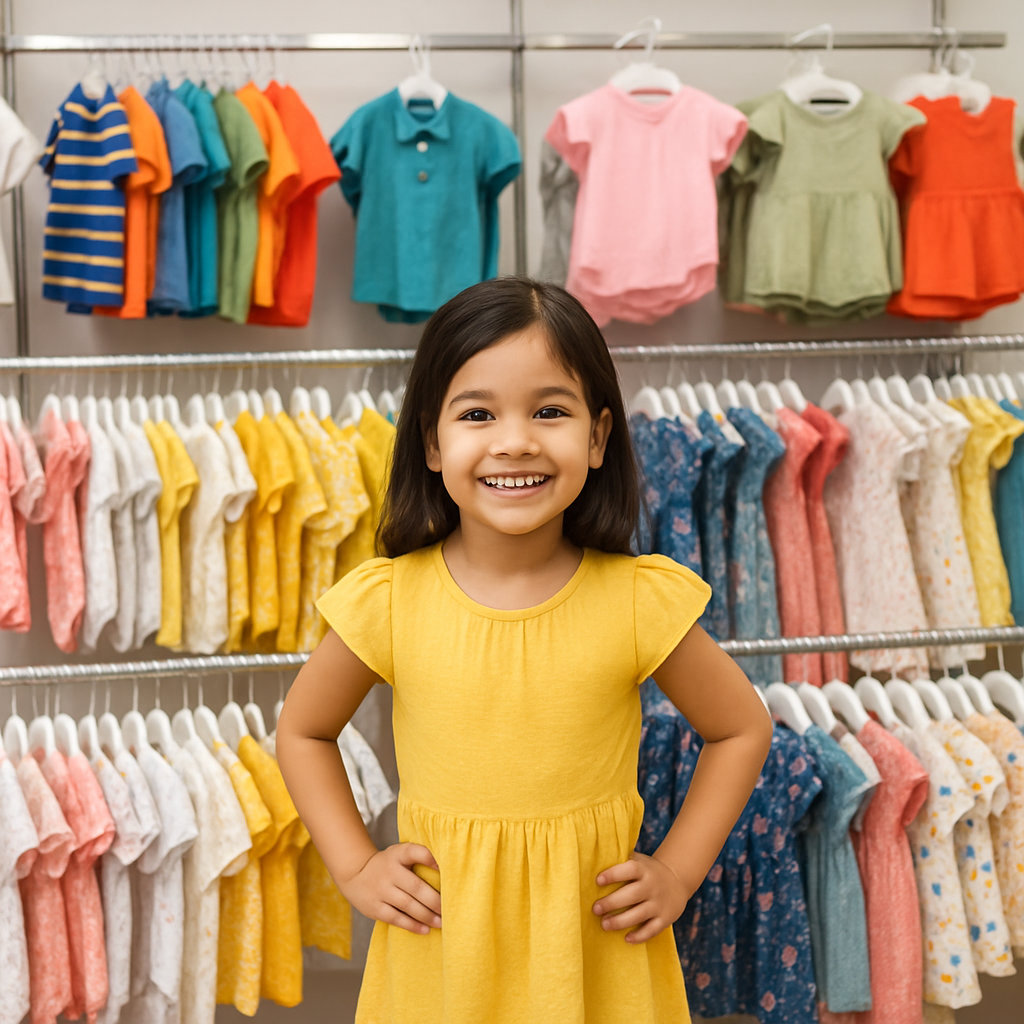 Complete kids wear collection including newborn essentials, toddler clothing, school uniforms, and festival outfits