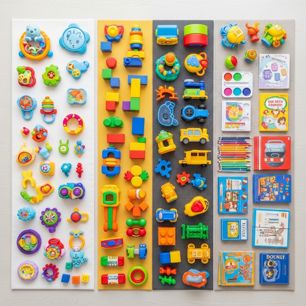 Toys organized by age groups - infant rattles, toddler blocks, preschool puzzles, and school-age games