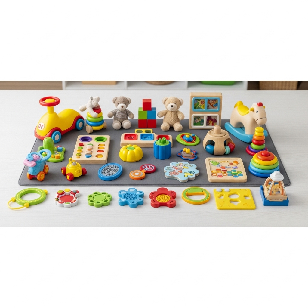LUBABY toy collection display with educational toys, action figures, dolls, puzzles and board games